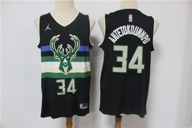 Men Milwaukee Bucks #34 Antetokounmpo Black With Jordan logo Game 2021 NBA Jerseys->golden state warriors->NBA Jersey